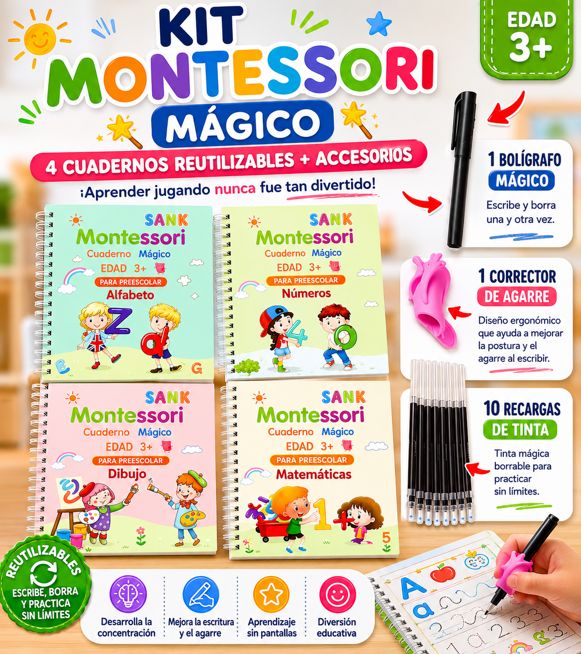 Kit Mágico de Caligrafía — Cuadernos Reutilizables para Niños ✏️